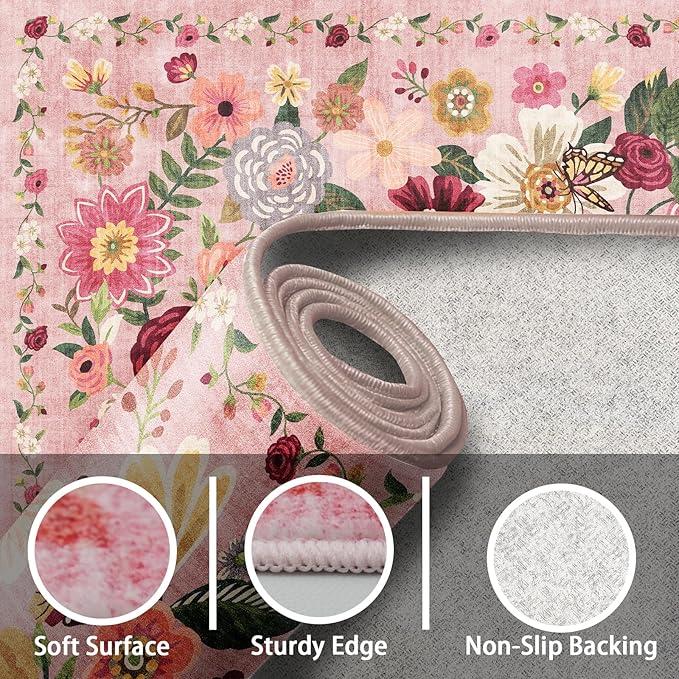 Pink Area Rugs 24x17 Inch Home Decor Entry Rug, Small Door Mat Bath Mats for Bathroom, Ultra-Thin Non Slip Floral Low Pile Tub Mat for Sink Shower Doorway Tub Kitchen Sink(2 x 1.4, Pink Garden)