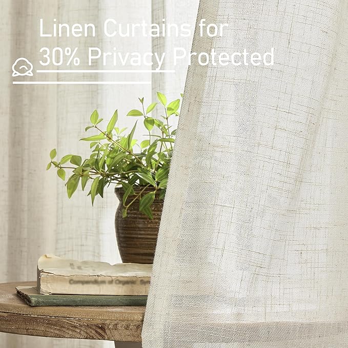 LAMIT Short Linen Curtains 45 Inches Long for Cafe 2 Panels, Cream Ivory Light Filtering Semi Sheer Panels Back Tab and Rod Pocket Neutral Drapes for Window/Loft Room, 52 x 45 Inch
