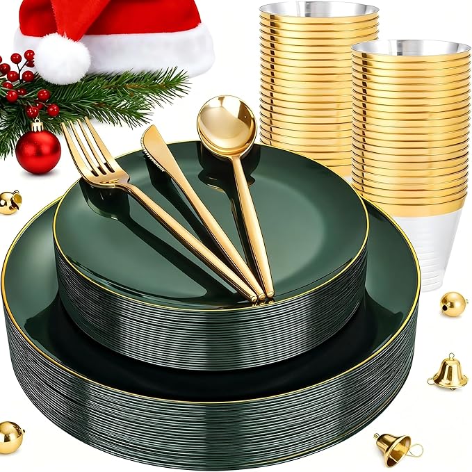 bUCLA 150PCS Green Plastic Plates - Green and Gold Disposable Include 25 Each (Dinner & Dessert) Plates, 25 Knives, 25 Forks, 25 Spoons and 25 Cups, Ideal for Party&Christmas