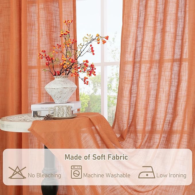 LAMIT Burnt Orange Linen Boho Curtains 80 inch Length 2 Panels, Light Filtering Semi Sheer Panels Back Tab and Rod Pocket Neutral Drapes for Bedroom/Living Room, 34 x 80 Inch