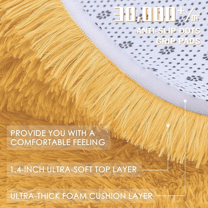 OLANLY Mustard Yellow Round Rugs for Bedroom - Machine Washable, 5 ft Circle Area Rugs for Living Room, Soft and Fluffy Shaggy Carpet for Teen Girl and Boys, Nursery Rooms, Dorms, Home Decor Aesthetic