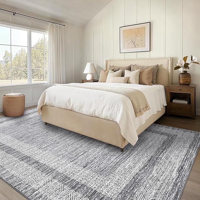 GarveeHome Modern Geometric Area Rug 5x7 Distressed Bordered Rug Washable Non Slip Floor Carpet Non Shedding Thin Rug, Soft Low Pile Rug, Contemporary Gray Rug for Dining Room, Living Room