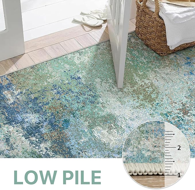 Area Rugs 9x12 for Living Room Bedroom, Modern Abstract Machine Washable Rug, Large Soft Low Pile Floor Carpet with Non Slip Backing for Dining Room, Blue Green