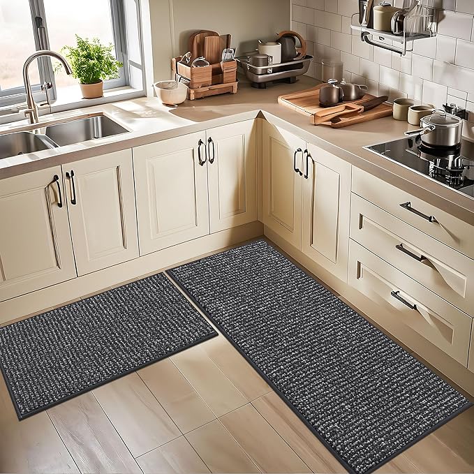 BEQHAUSE Kitchen Rugs 24"x36", Non-Slip Kitchen Mats for Floor, Super Absorbent and Stain Resistant Kitchen Rugs, Machine Washable Rugs for Kitchen, Hallway, Laundry & Sink, Charcoal