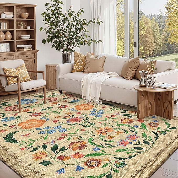 GarveeHome Washable Rug 9x12 Area Rugs for Living Room, Floral Rug for Bedroom, Soft Vintage Non Slip Throw Rugs with Rubber Back, Low Pile Stain Resistant Boho Floral Carpet for Dining Room, Beige