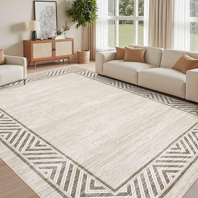 GarveeHome Large Modern Rug 9x12 Non-Slip Geometric Bordered Dining Room Rug, Machine Washable Low Pile Indoor Carpet, Non-Shedding Floor Mats, Easy to Clean, for Living Room, Bedroom, Beige