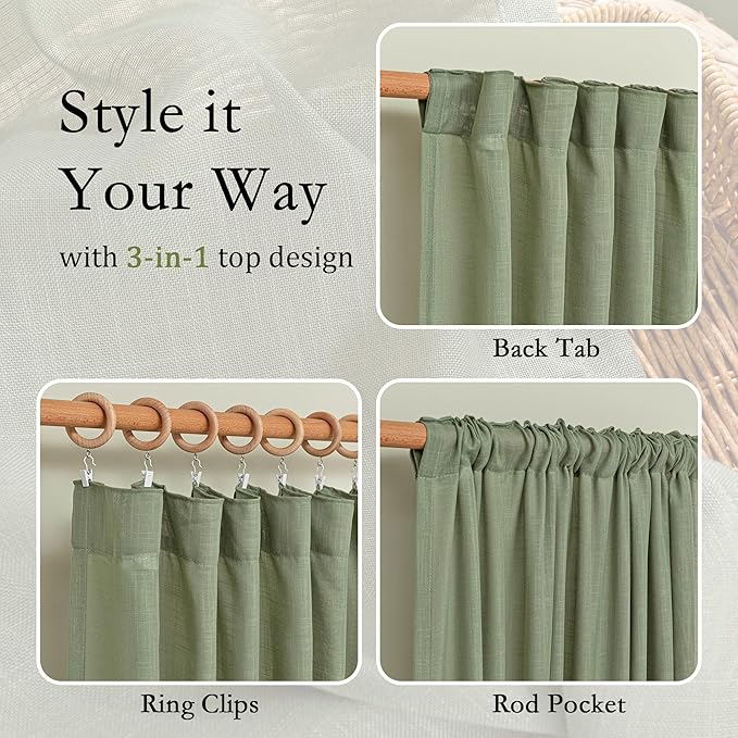 MYSKY HOME Sage Green Sheer Curtains 63 inch Length Semi Sheer Curtains for Bedroom Light Filtering Short Window Treatment Privacy Protect Boho Farmhouse Soft Drapes Set, Back Tab, 50" Wide, 2 Pieces