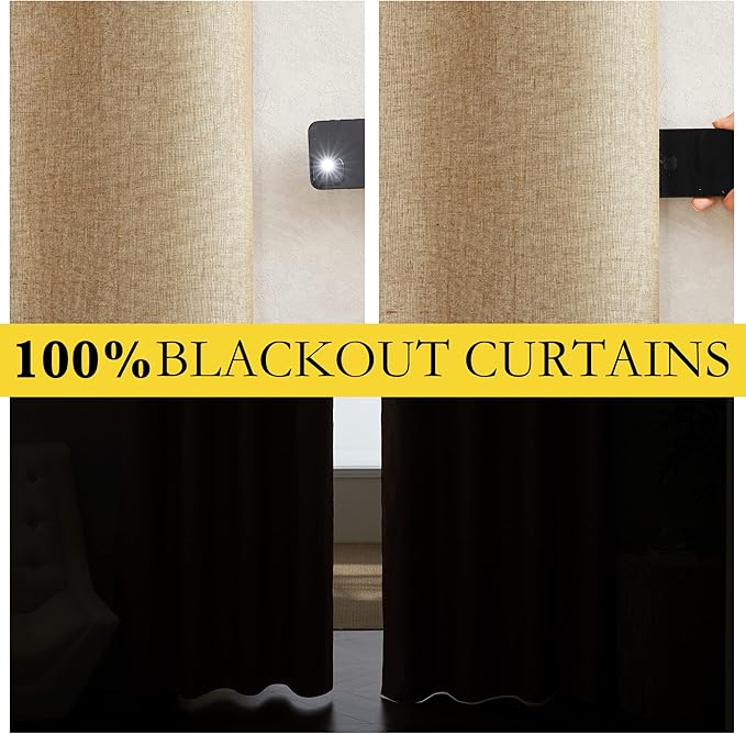 NICETOWN 100% Absolutely Blackout Linen Curtains with Thermal Insulated White Liner, Camel, W42 x L84, 2 Panels, Long Curtains 84 inch Length for Patio Door, Doorway, Office, Overnight Shiftworker