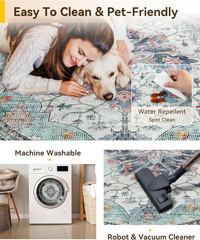 RELEANY Area Rugs 4ft Washable Non-Slip, Floral Vintage Distress Print Pattern Medallion Carpet for Living Room Bedroom Dining Room, Green Navy Blue White Red Teal Colorful