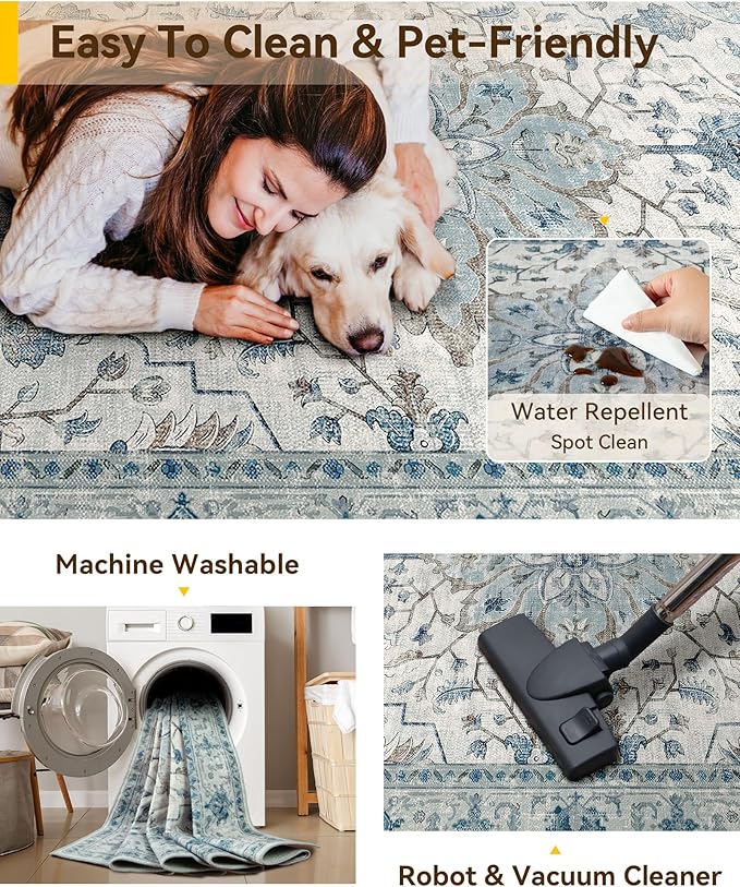 Area Rugs 10'x14' Washable Non-Slip, Floral Vintage Distress Print Pattern Medallion Carpet for Living Room Bedroom Dining Room, Light Blue Navy Beige Gray White