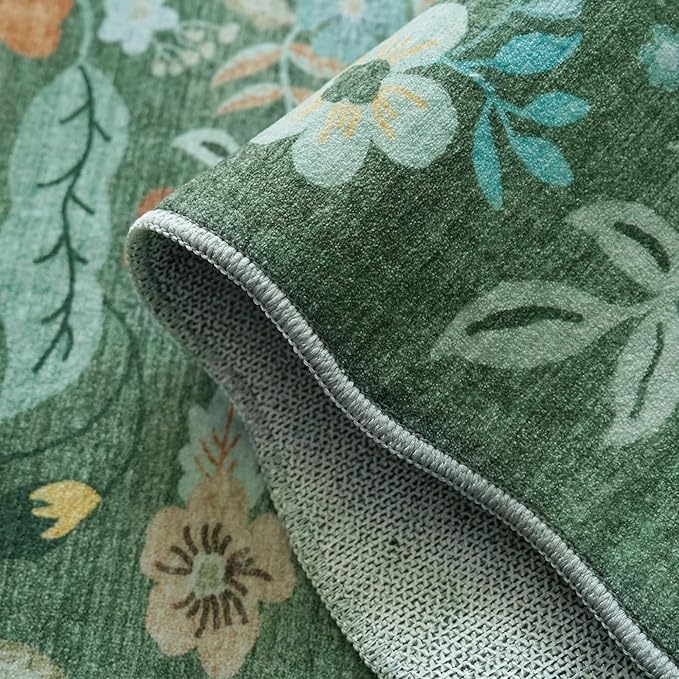 Washable 2x8 Hallway Runner Rug: Water-Resistant Kitchen Rug Soft Bedroom Carpet Non-Slip Indoor Hardwood Floor Mat for Entryway Bathroom Dining Room Boho Decorative Home Decor(2x8, Floral/Green)