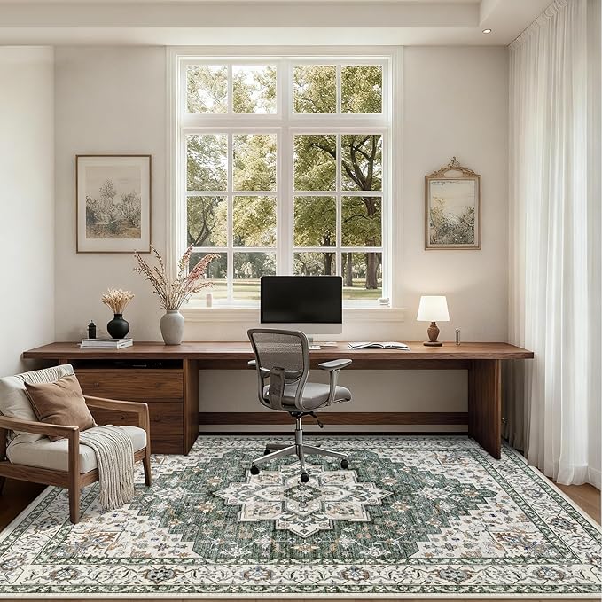 8x10 Area Rugs for Living Room: Washable Rug Soft Vintage Boho Medallion Carpet Indoor Non-Slip Stain Resistant Large Carpets for Bedroom Dining Room Farmhouse Nursery Home Office Green Ivory