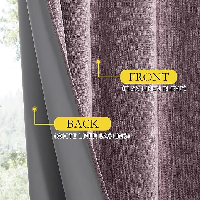 NICETOWN Chaise Mauve Vintage Linen 100% Blackout Curtains for Living Room, Thermal Insulated Curtains 95" Long, Noise Reducing Window Treatment Drapes for Bedroom, 52" Wide Per Panel, Set of 2