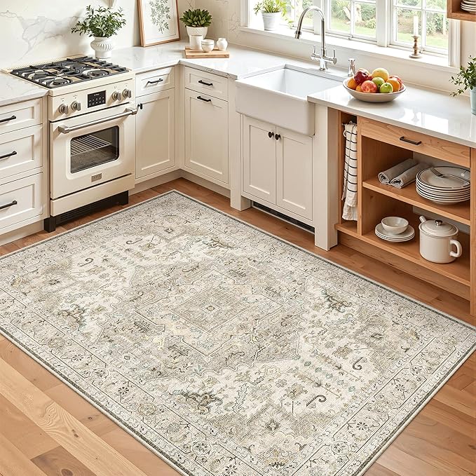 Madane Area Rug 3x5, Entryway Washable Printed Vintage Kitchen Carpet Non Slip Indoor Doormat for Living Room Laundry Room Bedroom Nursery Soft Thin Entry Floor Mat, Ivory/Brown