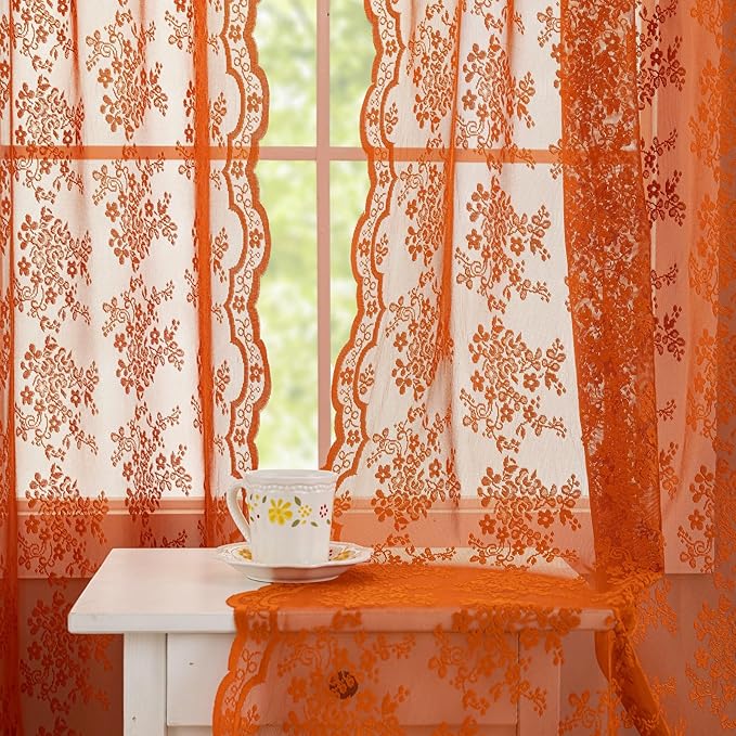 YJ YANJUN Vintage Lace Curtains 102 Inches Long-Rust Retro Floral Burnt Orange Sheer Curtain Panels for Home Office Patio Sliding Door, Rod Pocket, Boho Halloween Fall Decor 2 Panels 52W x 102L