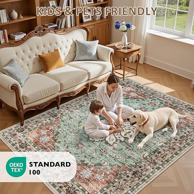 4x6 Area Rugs for Living Room: Washable Rug Soft Vintage Distressed Floral Carpet Indoor Floor Non-Slip Stain Resistant Large Carpets for Bedroom Dining Room Farmhouse Nursery Home Office Brown Green