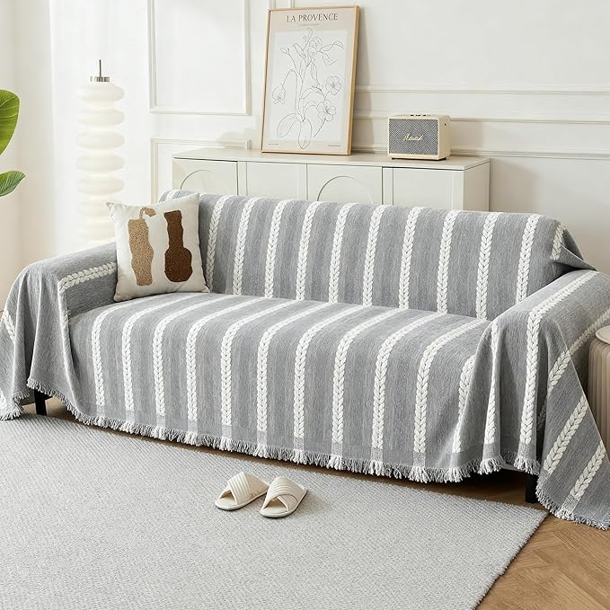 Couch Cover for Dogs, Boho Sofa Covers for 3 Cushion Couch, Chenille Sofa Slipcover for Pets Washable, L-Shape Sectional Loveseat Cover Soft Throw Blankets with Tassels(91x134,Striped Grey)