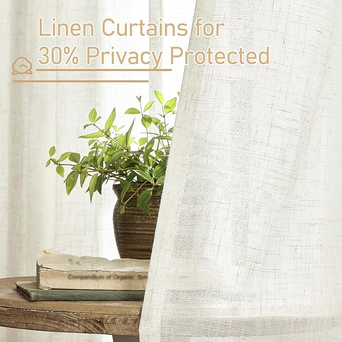 LAMIT Kitchen Semi Sheer Linen Curtains 24 Inch Long, Light Filtering Panels Back Tab and Rod Pocket Neutral Drapes for Cafe/Bathroom/Small Window, Cream, 2 Panels, 34 x 24 Inch