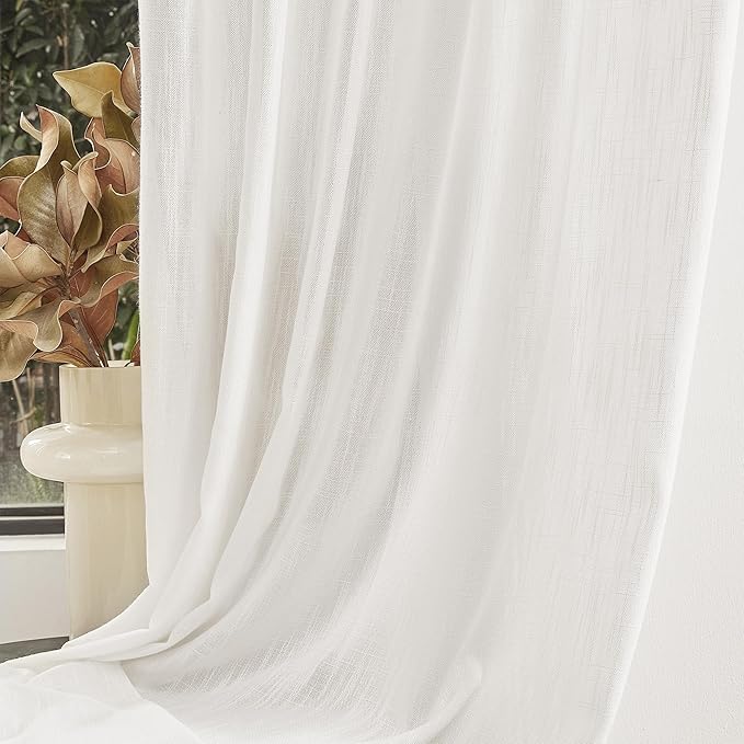 MYSKY HOME Curtains 63 Inch Length 2 Panels, Boho Curtains Sheer Light Soften for Bedroom Kitchen Farmhouse Style Country Rustic Drapes Window Treatment Set, Beige White, 50" x 63"
