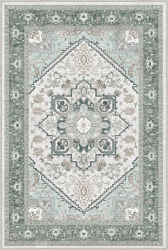 OPPODREAM Soft Area Rugs 4x6, Low-Pile Washable Rugs 4x6 with Non Slip Backing, Faux Cashmere 4 x 6 Throw Carpet, Green