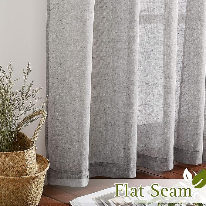 NICETOWN Faux Flax Linen Sheer Curtains 96 inch Long, Grommet Rustic Flax Semi Sheer Window Drapes with Light Filtering for Farmhouse/Patio Door, Charcoal, W70 x L96, Set of 2