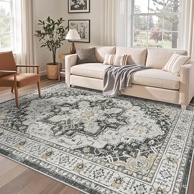 Madane 5x7 Area Rugs for Living Room, Stain Resistant Washable Rug, Non-Slip Backing Area Rug, Vintage Home Decor Rug for Bedroom (Black, 5'x7')