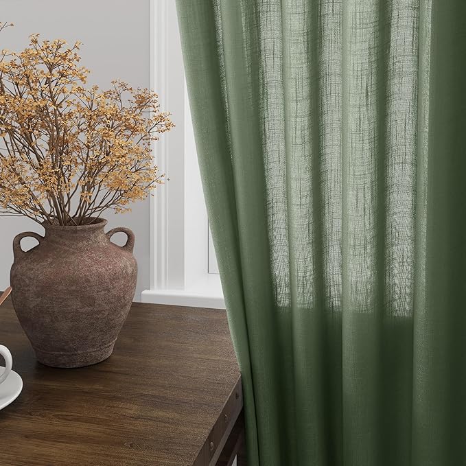 Olive Green Linen Curtains 120 Inch Extra Long for Living Room Back Tab Light Filtering Semi Sheer Drapes Modern Farmhouse Boho Decor Cotton Textured Curtain for Floor to Ceiling High Window 52x120