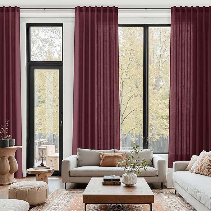 Nanspring Burgundy Linen Curtains for Living Room 100 Inches Long Light Filtering Semi Sheer Curtain Back Tab Vintage Boho Decor Elegant Luxury Drapes for Bedroom Dinner Room 52x100, 2 Panels