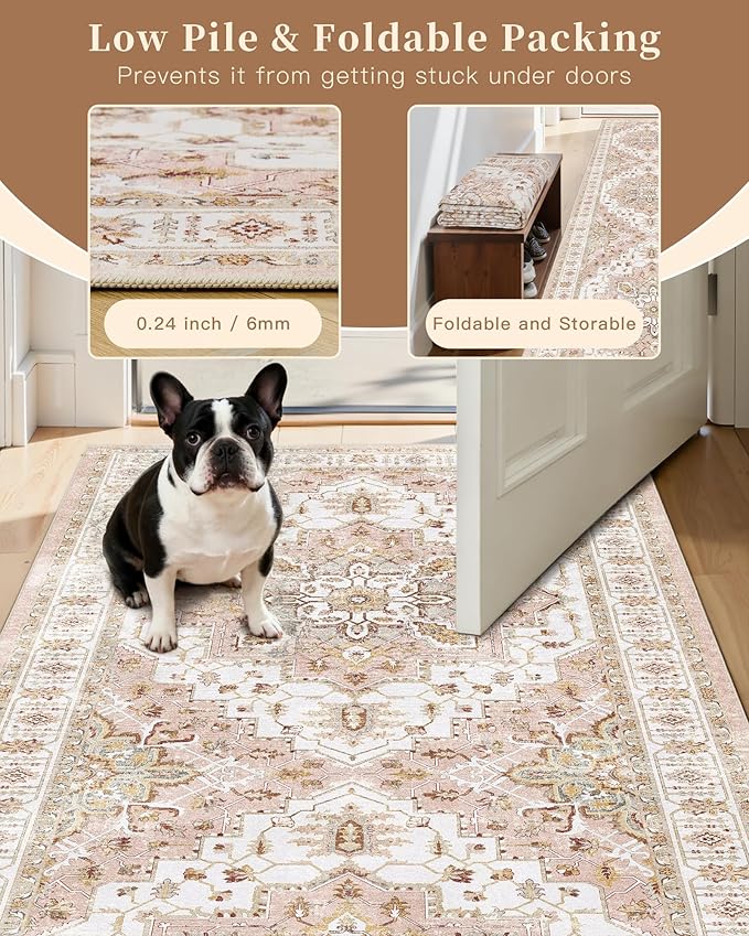 Madane Washable Area Rug 2x3, Small Entryway Rug Non-Slip Vintage Door Mat Indoor Entrance, Low Pile Floor Carpet for Inside Front Door Bedroom Kitchen Entry Laundry (2'x3', Pink)