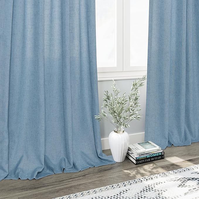 Blue Linen Textured 96 Inch Curtains 2 Panel Set Back Tab Rod Pocket Sheer Pleated Boho Room Decor Aesthetic Curtains Dusty Blue Burlap Look Curtain Drapes for Living Room Bedroom 8Ft 40x96 Inch