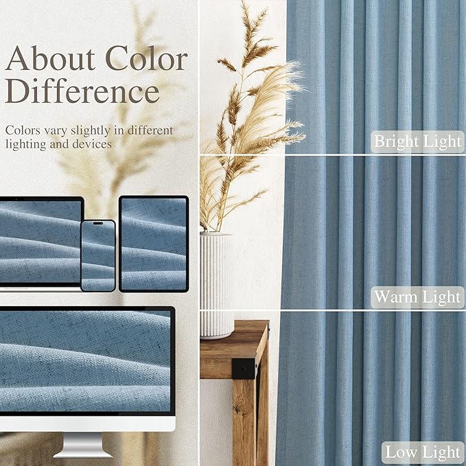 Blue Linen Textured 96 Inch Curtains 2 Panel Set Back Tab Rod Pocket Sheer Pleated Boho Room Decor Aesthetic Curtains Dusty Blue Burlap Look Curtain Drapes for Living Room Bedroom 8Ft 40x96 Inch