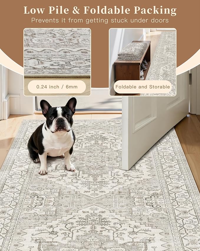 Madane Runner Rugs for Hallway 2x10 Long Washable Non-Slip Hallway Runner Rug Low-Pile Stair Kitchen Runner Soft Throw Carpet for Entrance Living Dining Laundry Room (Beige/Brown, 2 x 10)