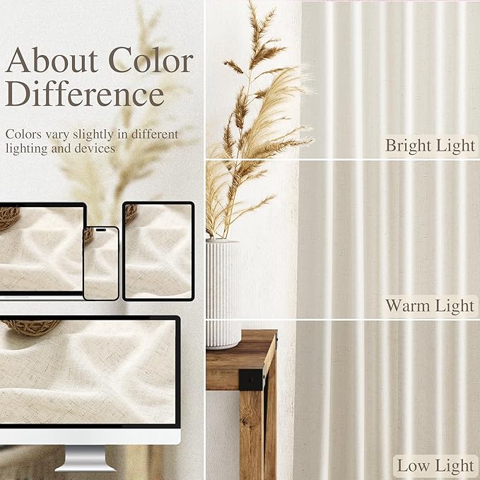 Warm Beige Linen Curtains 90 Inch Long 2 Panels Set for Bedroom Living Room Linen Textured Window Drapes Semi Sheer Light Filtering Rod Pocket Back Tab Cotton Textured Farmhouse Curtain 52x90