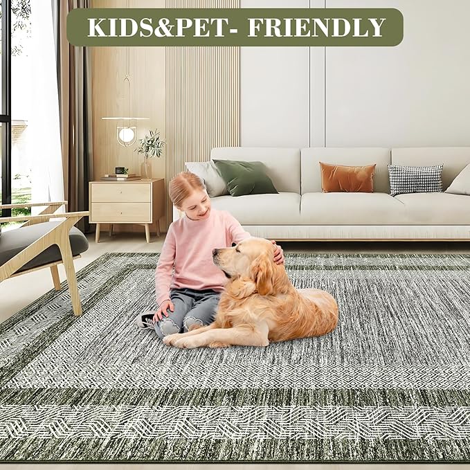 GarveeHome Modern Geometric Area Rug 5x7 Distressed Bordered Rug Washable Non Slip Floor Carpet Non Shedding Thin Rug, Soft Low Pile Rug, Contemporary Green Rug for Dining Room, Living Room