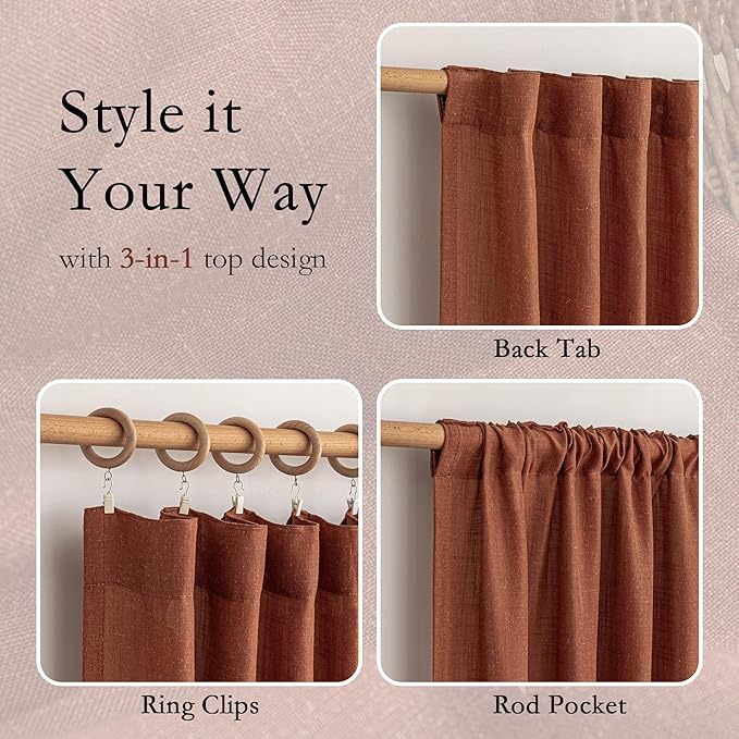 MYSKY HOME Sheer Linen Curtains 63 Inch Length for Bedroom, Light Filtering Privacy Drapes, Short Curtains for Small Window Back Tab Soft Touch Style Texture for Closet/Kitchen, Terracotta, 50"x63"