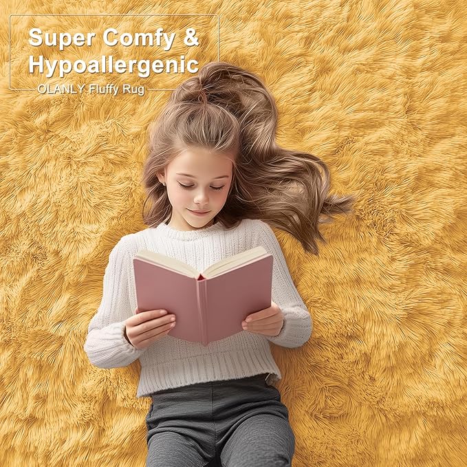 OLANLY 2x3 Machine Washable Small Bedside Rug, Soft Fluffy Shaggy Entryway Throw Rugs for Bedroom, Living Room, Indoor Floor Carpet for Kids Girls and Boys, Home Decor Aesthetic, Mustard Yellow