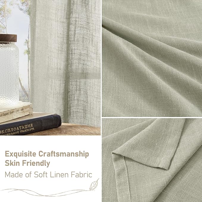 LAMIT Sage Grey Linen Boho Curtains 78 inch Length 2 Panels, Light Filtering Semi Sheer Panels Back Tab and Rod Pocket Neutral Drapes for Bedroom/Living Room, 52 x 78 Inch