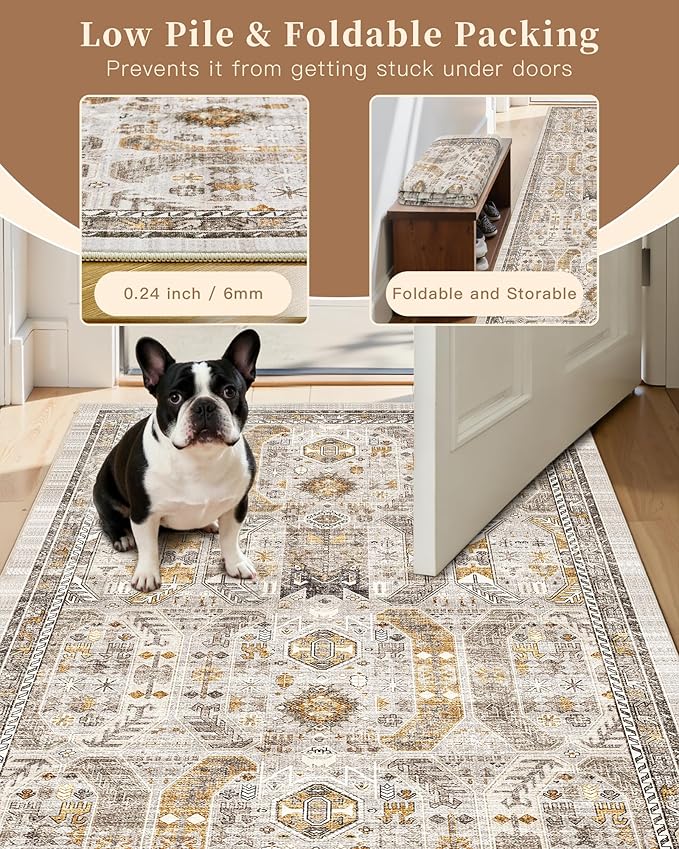 Madane Area Rug 3x5, Washable Entryway Rugs Printed Vintage Rugs for Bedroom Non Slip Indoor Kitchen Runner for Living Room Laundry Room Playroom Soft Non-Slip Floor Carpets, Brown/Gold