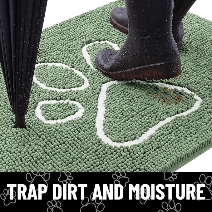 Smiry Dog Door Mat for Muddy Paws, Absorbent Dirt Trapper Non Slip Quick Dry Washable Chenille Mat for Mud Dogs, Entry Rug for Indoor and Outdoor (48x30 Inches, Olive Green and White)