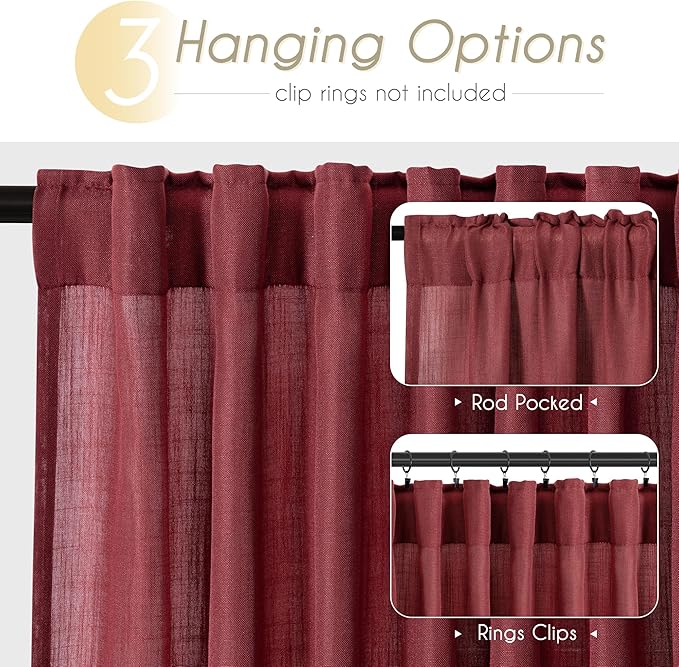 Burgundy Curtains for Living Room Back Tab Modern Farmhouse Semi Sheer Burgundy Curtains 120 inches Long 2 Panels Set Muted Neutral Window Curtain for Dining Room Bedroom 52x120