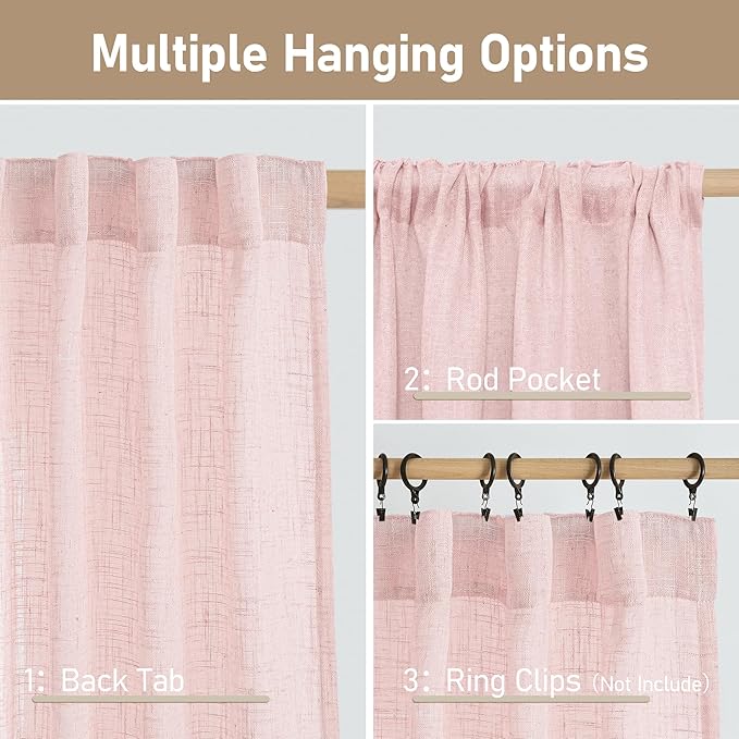 LAMIT 36 Inch Length Linen Curtains for Small Windows, Semi Sheer Light Filtering Panels Back Tab and Rod Pocket Country Decor Drapes for Basement/Kitchen, Pink, 2 Panels, 34 x 36 Inch