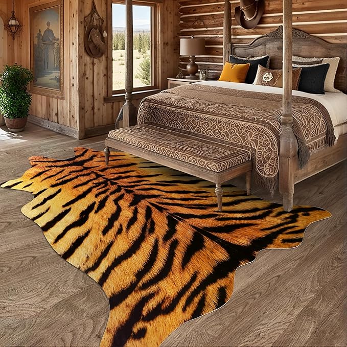 AROGAN Premium Tiger Print Rug 5.2x6.2 Feet, Machine Washable Faux Fur Rug, Non-Slip Animal Print Hide Tiger Skin Area Rug for Bedroom Living Room Home Decor