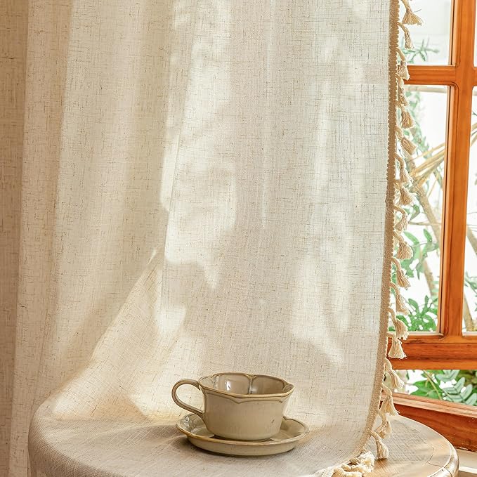 MYSKY HOME Bohemian Linen Sheer Macrame Curtains 72 Inch Length, Back Tab Country Farmhouse Light Filtering Privacy Short Drapes for Bedroom Living Room, 50" W×72" L, Linen, 2 Panels