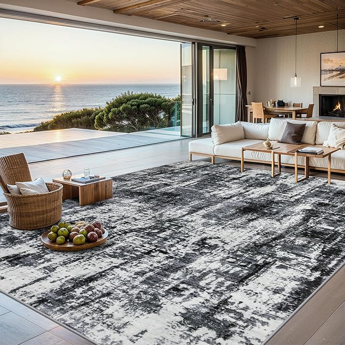 Area Rugs Living Room Rug - 4x6 Washable Modern Abstract Soft Neutral Non-Slip Carpet Large Indoor Floor Thin Carpets for Bedroom Dining Room Farmhouse Nursery Home Office Black