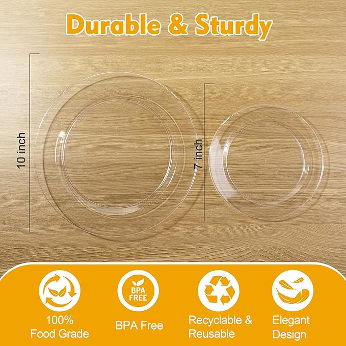 100 PCS Clear Plastic Plates, Plastic Disposable Plates Include 50 Dinner Plate and 50 Dessert Plate Perfect for Holiday, Birthday, Wedding & Party