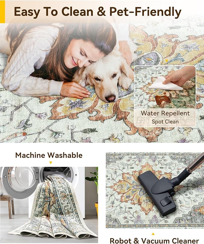 RELEANY Area Rugs Square 8ft Washable Non-Slip, Floral Vintage Distress Print Pattern Medallion Carpet for Living Room Bedroom Dining Room, Light Yellow Carbon Grey Orange
