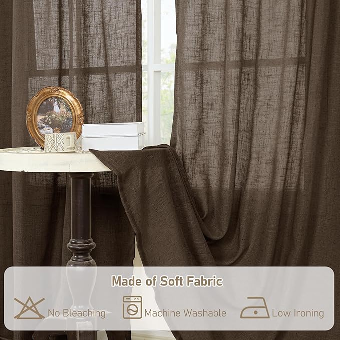 LAMIT 95 Inches Long Linen Curtains for Living Room, Back Tab and Rod Pocket Semi Sheer Curtains Light Filtering Farmhouse Drapes for Bedroom/Dining Room, Dark Brown, Set of 2, 52 x 95 Inch