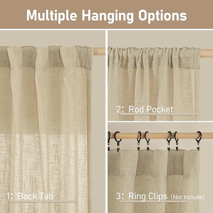 LAMIT Semi Sheer Linen Curtains 48 Inch Length 2 Panels, Light Filtering Panels Back Tab and Rod Pocket Neutral Drapes for Kitchen/Window/Loft Room, 34 x 48 Inch