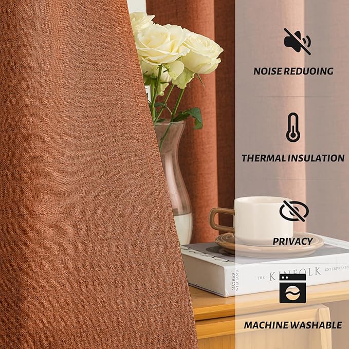 Yakamok Burnt Orange Linen Curtains 100% Blackout 96 Inches Long,Room Darkening Textured Curtains for Living Room Thermal Grommet Bedroom Curtains 2 Panels with White Liner