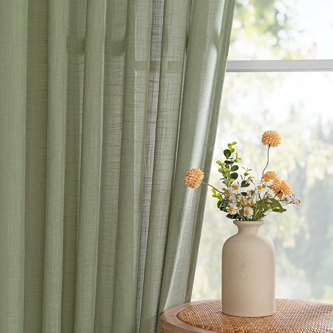 MYSKY HOME Patio Curtains for Sliding Door 90 inch Length 2 Panels Set, Living Room Curtains & Drapes Soft Farmhouse Window Treatments Back Tab Semi Sheer Draperies, 50" W x 90" L, Sage Green